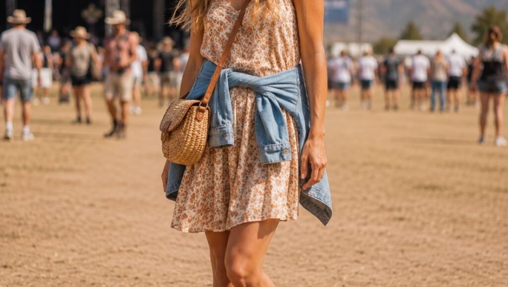 Woman in an outdoor country music festival outfit wearing a floral sundress with cowboy boots and a straw cowboy hat