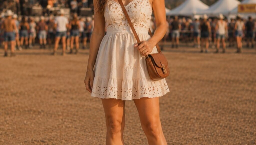 Petite woman in a proportional country concert outfit with a mini sundress and ankle cowboy boots showing correct petite formula