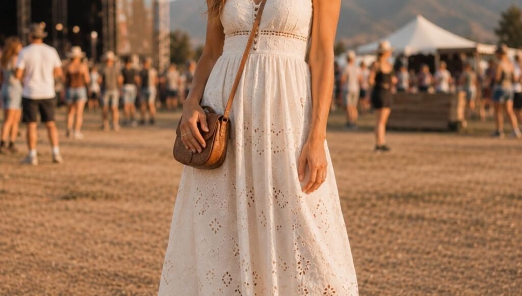 Woman in a western dress outfit for a country concert with a midi dress featuring eyelet detail and ankle cowboy boots