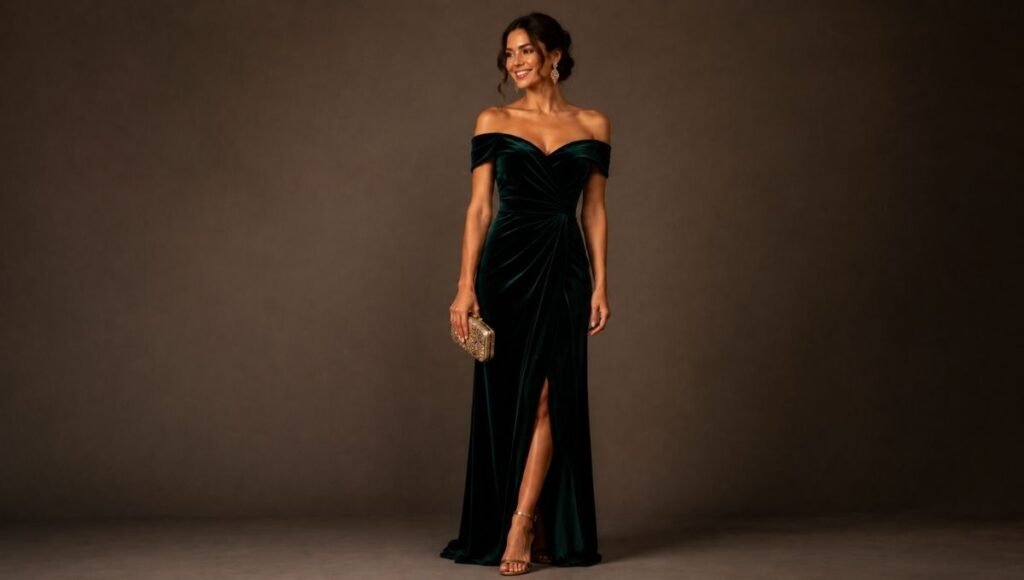 Woman in a formal fall wedding guest outfit wearing a deep emerald velvet floor-length gown with heeled sandals and statement jewelry