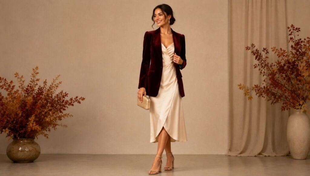 Woman in a fall wedding guest layering outfit with a velvet blazer over a silk midi dress showing the outdoor to indoor transition formula