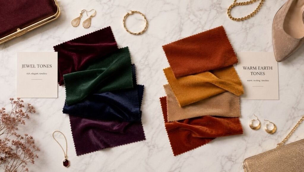 Flat lay showing fall wedding guest outfit color palette with jewel tones including burgundy emerald navy and warm earth tones