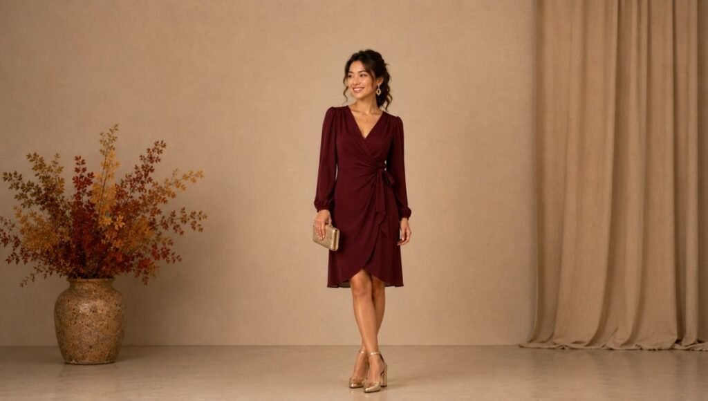 Petite woman in a fall wedding guest outfit wearing a knee-length burgundy wrap dress with pointed-toe heeled sandals for correct petite proportions