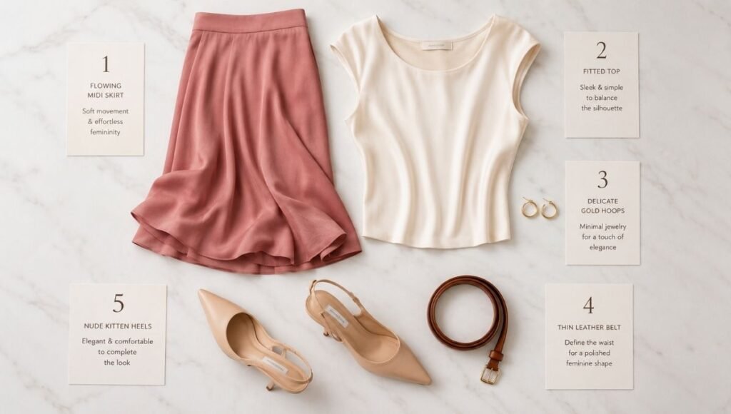 Flat lay of a 10-minute feminine outfit formula with flowing midi skirt, silk top, kitten heels, gold hoops, and thin belt
