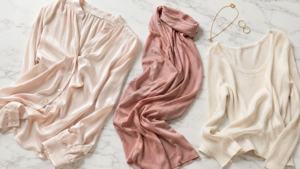 Flat lay showing flowing feminine fabrics including silk blouse rayon dress and fine knit top in soft neutral tones