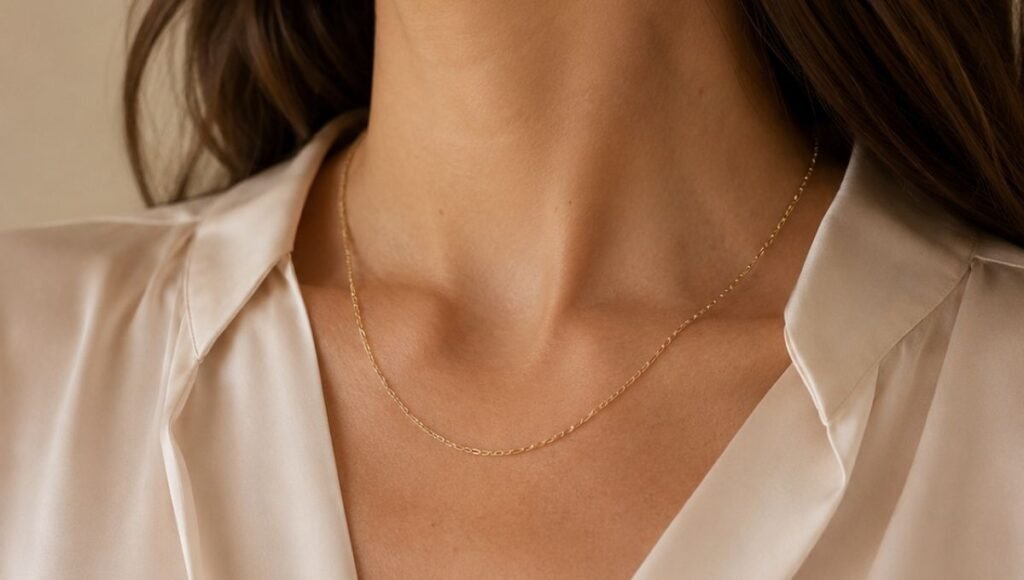 Close-up of delicate gold jewelry including fine chain necklace and small gold hoop earrings as feminine finishing details