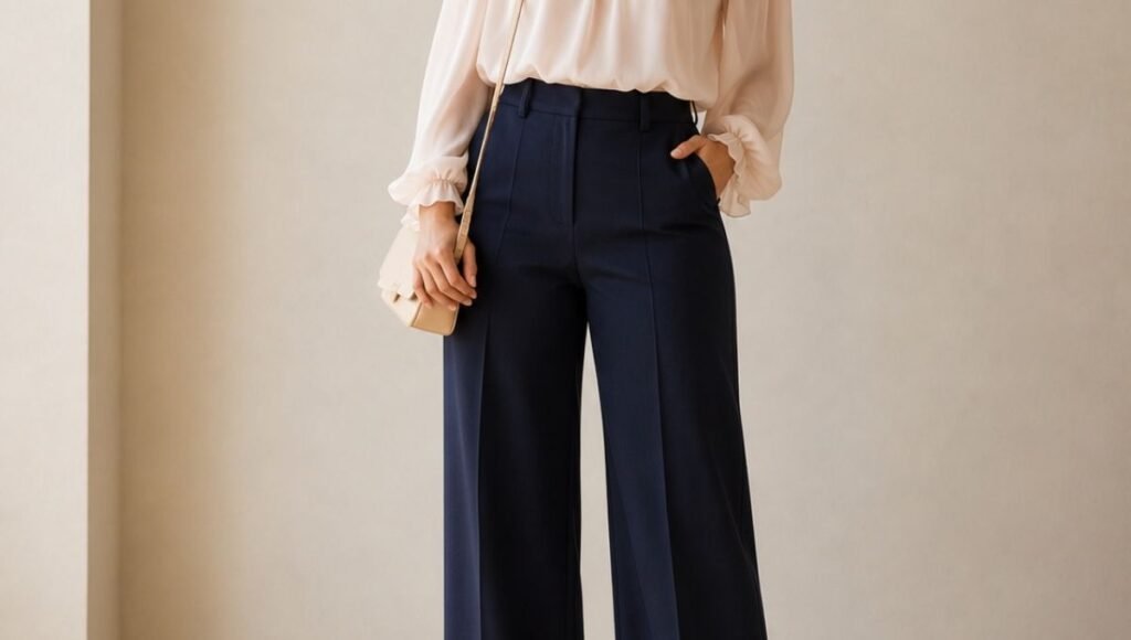 Pear-shaped woman in a feminine outfit with an off-shoulder chiffon blouse and dark high-waist wide-leg trousers
