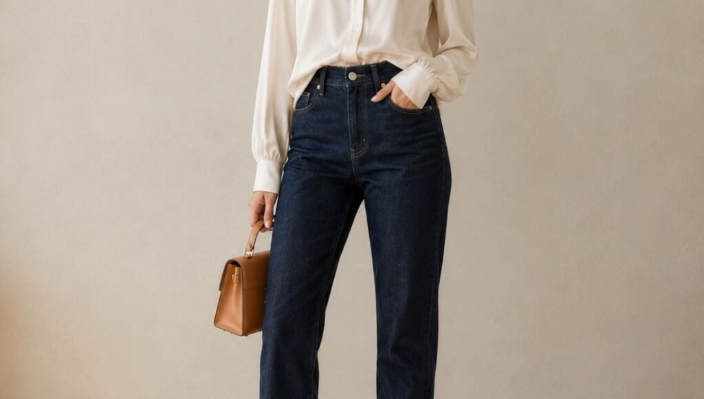 Woman in a feminine non-dress outfit with a flowing ivory silk blouse tucked into dark jeans and nude kitten heel sandals