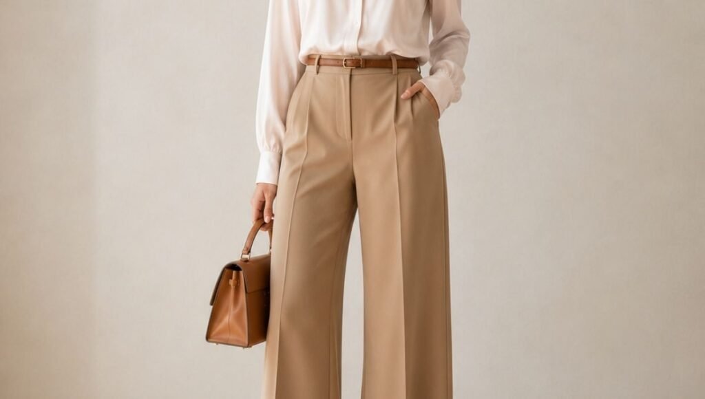 Woman demonstrating waist definition with a thin belt at the natural waist over a flowing blouse and tailored trousers