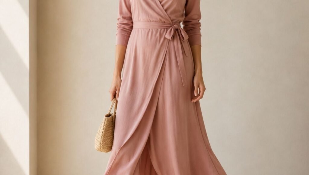 Woman in a flowing wrap midi dress in dusty rose showing how the wrap silhouette creates natural waist definition