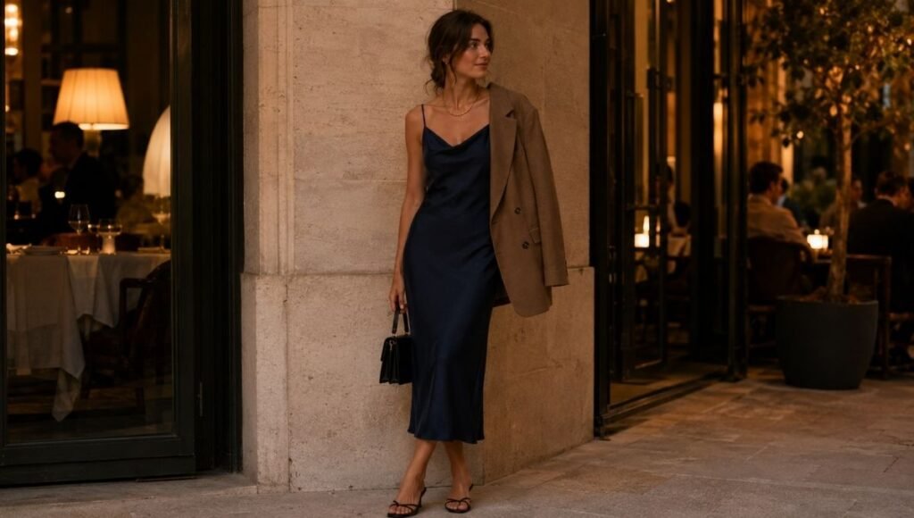 Woman in a French girl evening look with a simple navy slip dress and a blazer casually draped over one shoulder