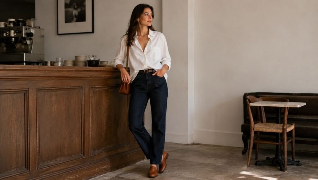 Woman in a casual old money weekend outfit with dark straight-leg jeans, cream turtleneck, and tan leather loafers