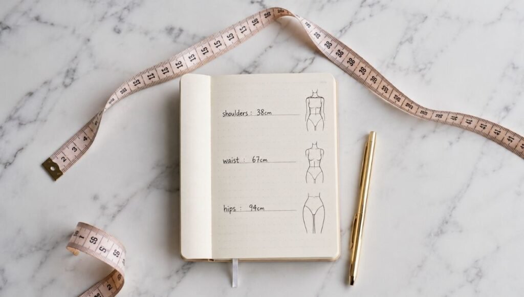 Flat lay showing a measuring tape and notebook for identifying pear apple and rectangle body types by measurements