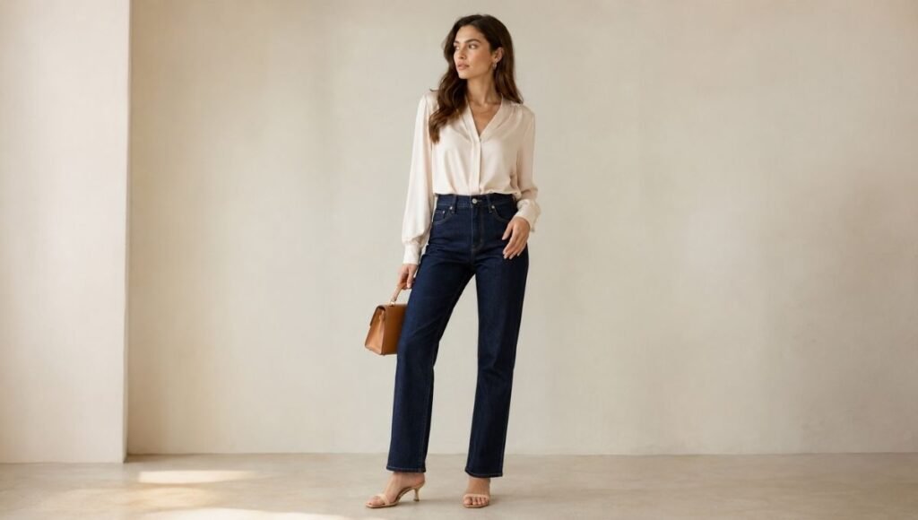 Woman in an effortlessly feminine outfit wearing dark jeans with a flowing silk blouse tucked in and kitten heel sandals