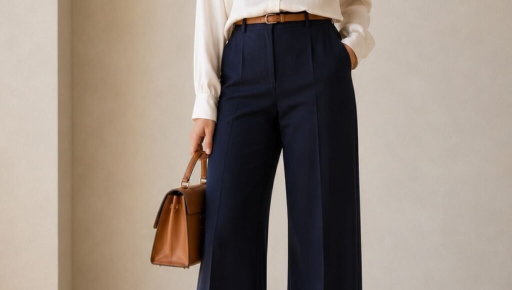Woman demonstrating the polished and feminine daily formula with a silk blouse tucked into tailored trousers with kitten heels and gold hoops