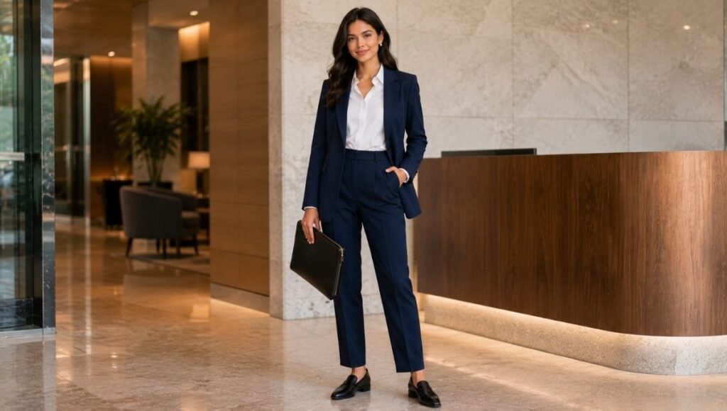 Woman in a polished interview outfit wearing navy tailored trousers with a structured blazer and pointed-toe loafers