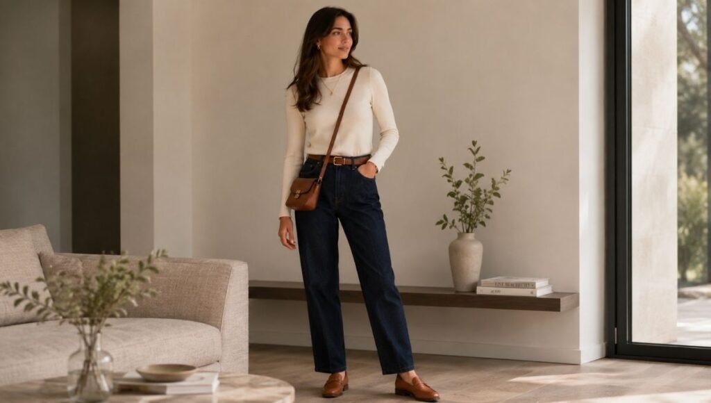 Woman in a casual old money weekend outfit with dark straight-leg jeans, cream turtleneck, and tan leather loafers