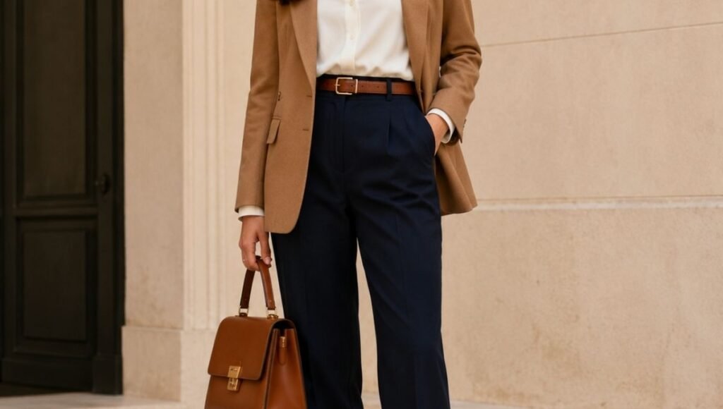 Woman in a classic old money style outfit with tailored navy trousers, cream blouse, camel blazer, and leather loafers