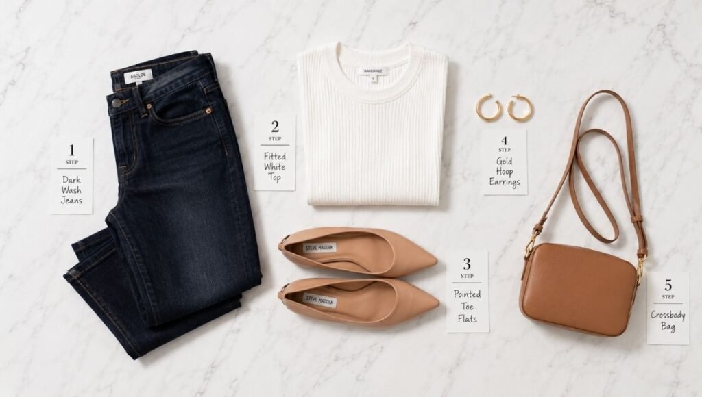Flat lay of a complete 10-minute outfit formula with dark jeans, fitted top, pointed-toe shoes, and gold hoops