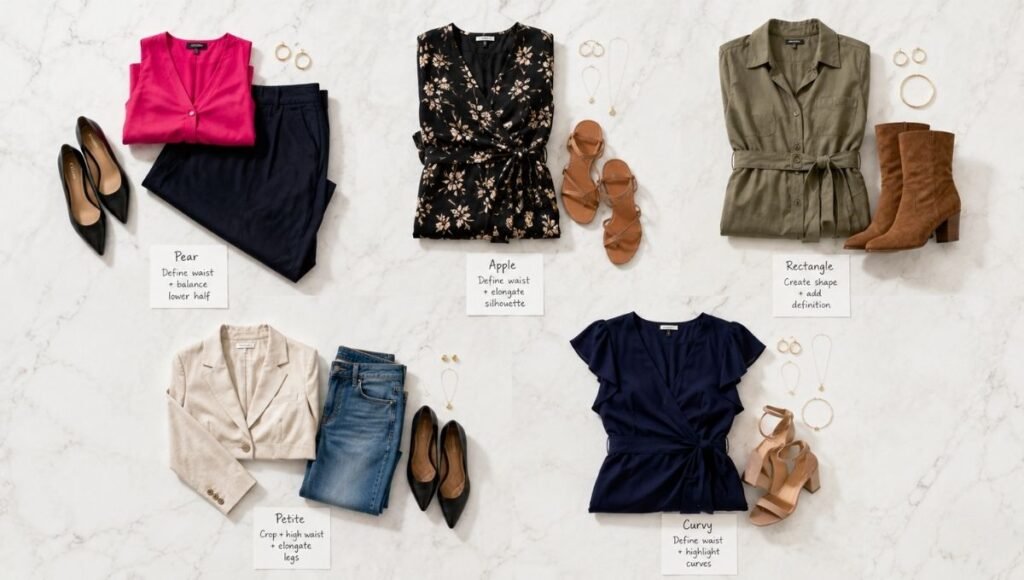 Flat lay showing outfit formulas for different body types including pear apple rectangle petite and curvy arranged in groups