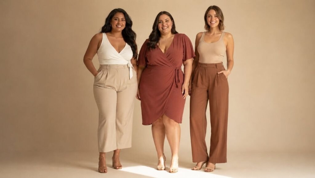 Three women with different body types — pear, apple and rectangle — each wearing a flattering outfit suited to their shape