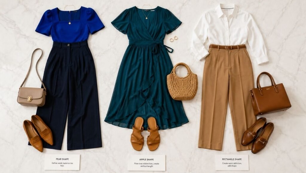 Three outfit flat lays side by side showing the recommended outfit formula for pear apple and rectangle body types