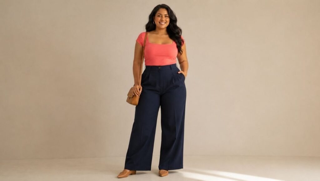 Pear-shaped woman in a flattering outfit with dark wide-leg trousers and a bright structured top balancing her proportions