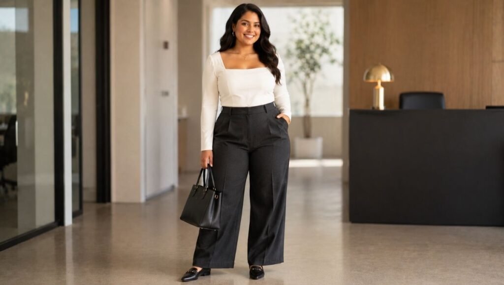 Pear-shaped woman in a work outfit with a structured square-neck blouse and high-waist dark tailored trousers