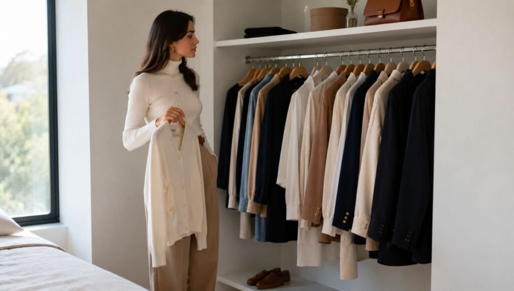 Woman thoughtfully reviewing her wardrobe and identifying style patterns during a personal style self-audit