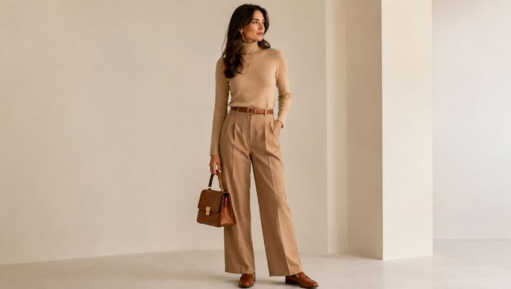 Woman demonstrating the put-together formula with a tucked fitted top high-rise jeans pointed-toe shoes and gold hoops