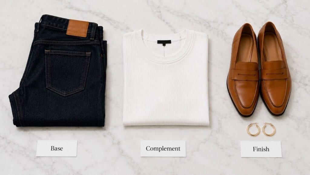 Flat lay showing the three-part outfit formula with a base piece, complementary piece, and finishing detail arranged clearly