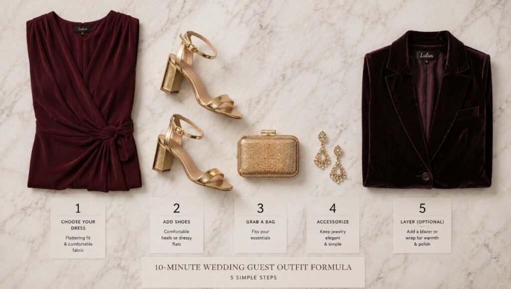 Flat lay of a 10-minute wedding guest outfit formula with a jewel tone midi dress block heel sandals gold earrings small clutch and blazer layer