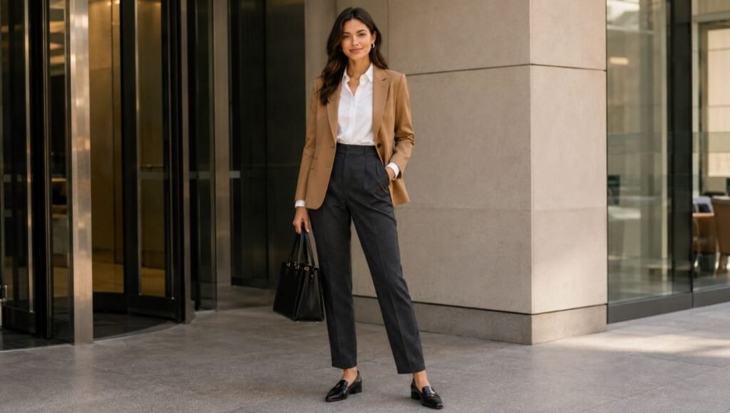 Professional woman in a complete work outfit with tailored trousers, fitted blouse, and structured blazer ready for the office