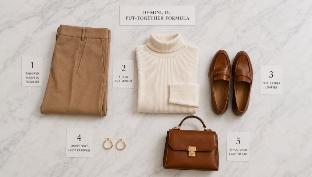 Flat lay of a 10-minute put-together outfit formula with tailored trousers, fitted top, clean shoes, and minimal jewelry