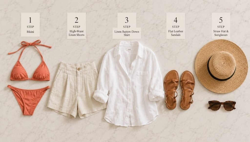 Flat lay of a 10-minute beach day outfit formula with a bikini high-waist linen shorts linen shirt flat sandals straw hat and sunglasses in five steps
