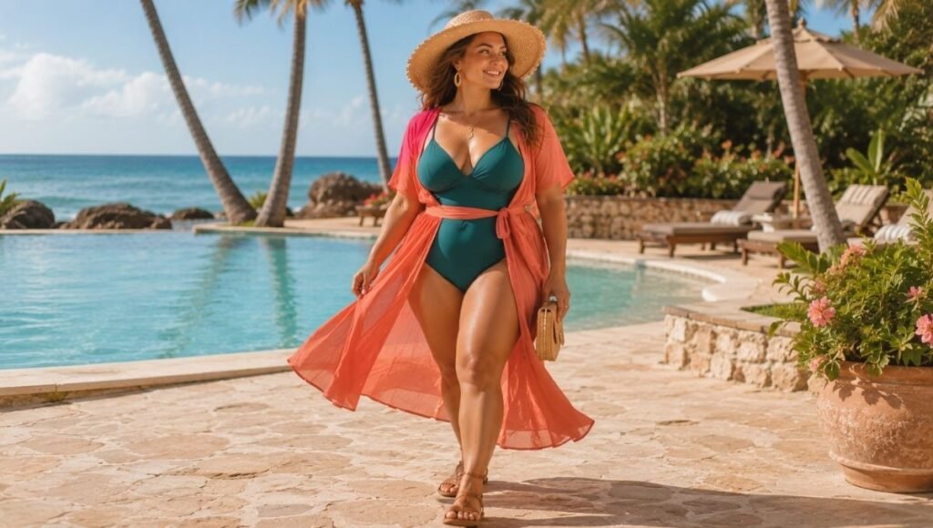 Curvy woman in a flattering beach outfit with a high-waist one-piece swimsuit and a flowing wrap cover-up dress in coral
