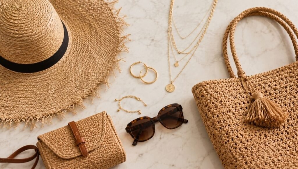 Flat lay showing the essential beach vacation accessories including a wide-brim straw hat gold jewelry straw tote sunglasses and ankle bracelet