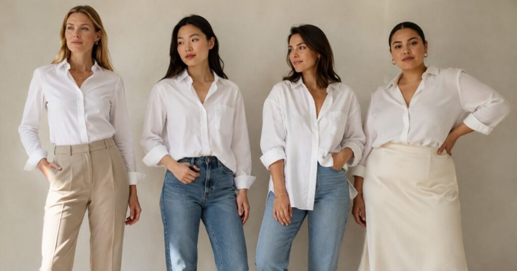 Women wearing different styles of white button-down shirts for work and casual outfits