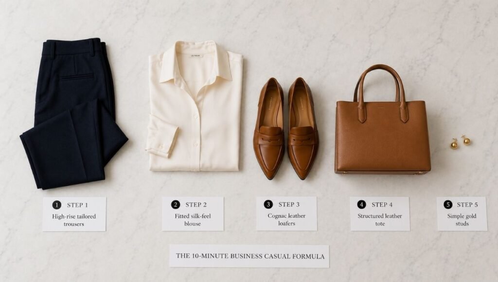 Flat lay of a 10-minute business casual outfit formula with dark trousers silk blouse leather loafers structured bag and gold studs in five steps