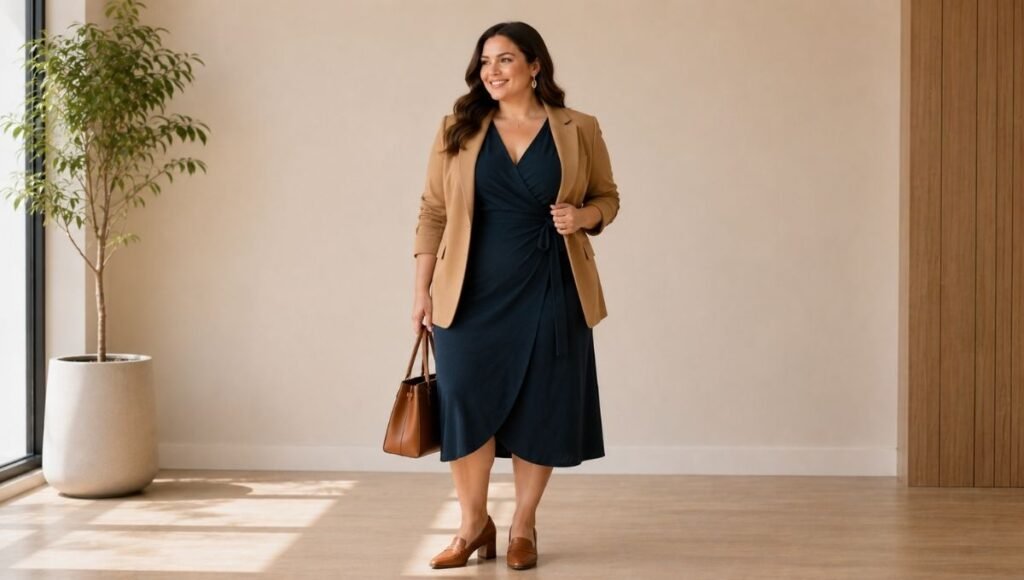Curvy woman in a flattering business casual outfit with a structured wrap midi dress open blazer and block heel loafers