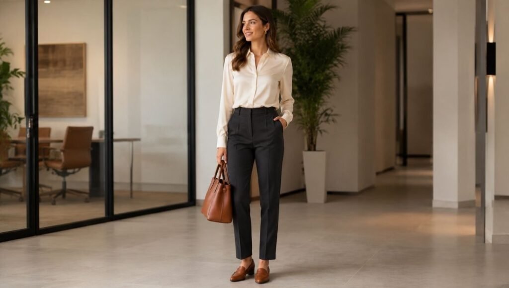 Woman in the classic business casual formula outfit with high-rise charcoal tailored trousers a silk blouse tucked in and cognac loafers
