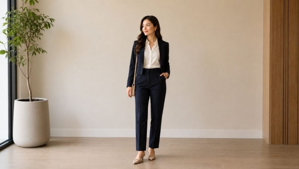 Petite woman in a proportional business casual outfit with high-rise tailored trousers a tucked blouse and pointed-toe flats maximizing leg length