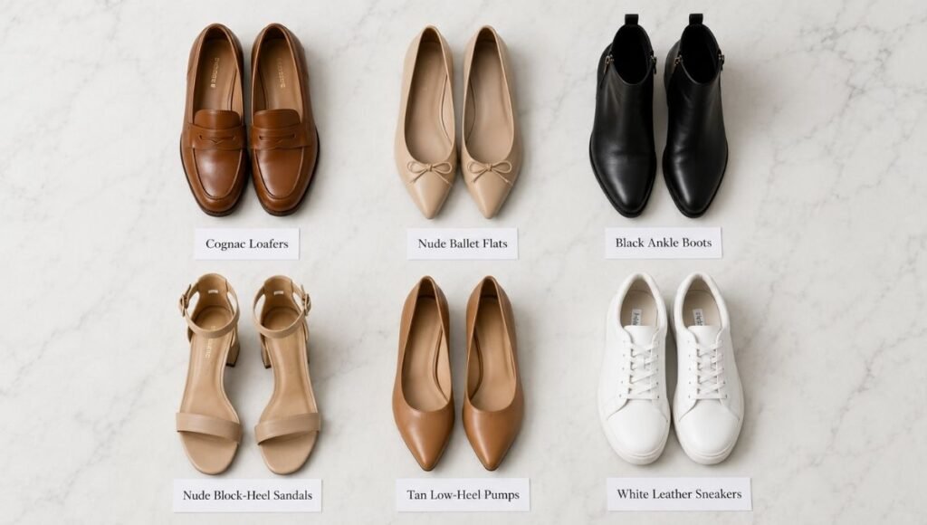 Flat lay showing the best business casual shoes for women including loafers leather flats block heel sandals and ankle boots