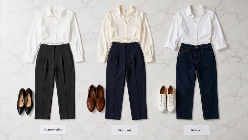 Flat lay showing the business casual spectrum from conservative corporate on the left to relaxed tech office on the right