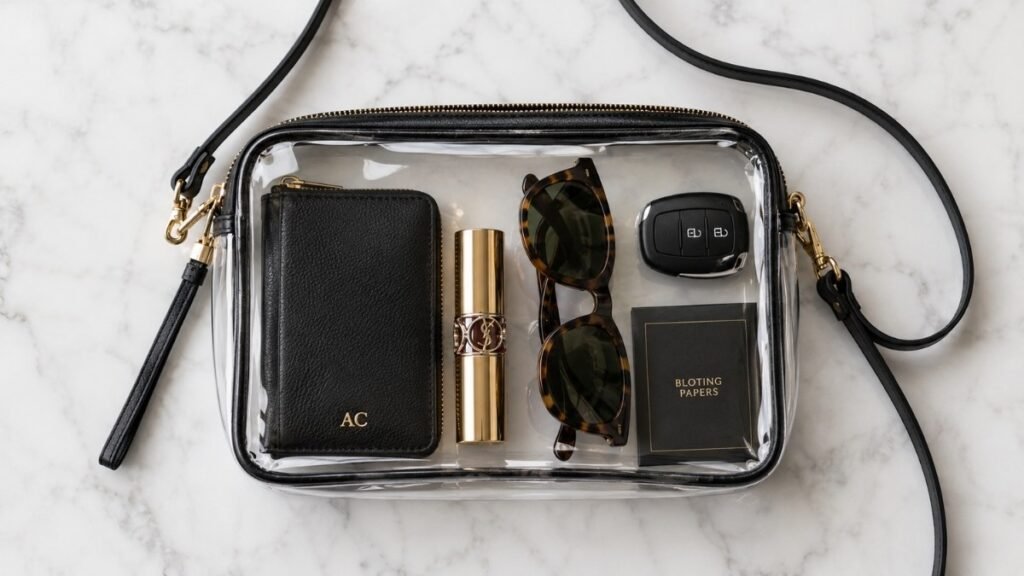 Styled clear concert bag showing intentionally arranged contents including wallet sunglasses lipstick and keys in coordinating colors