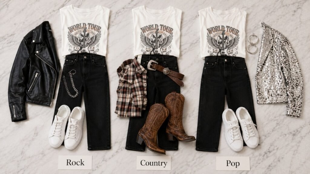 Flat lay showing one base concert outfit of black jeans white tee and sneakers styled three different ways for rock country and pop concerts