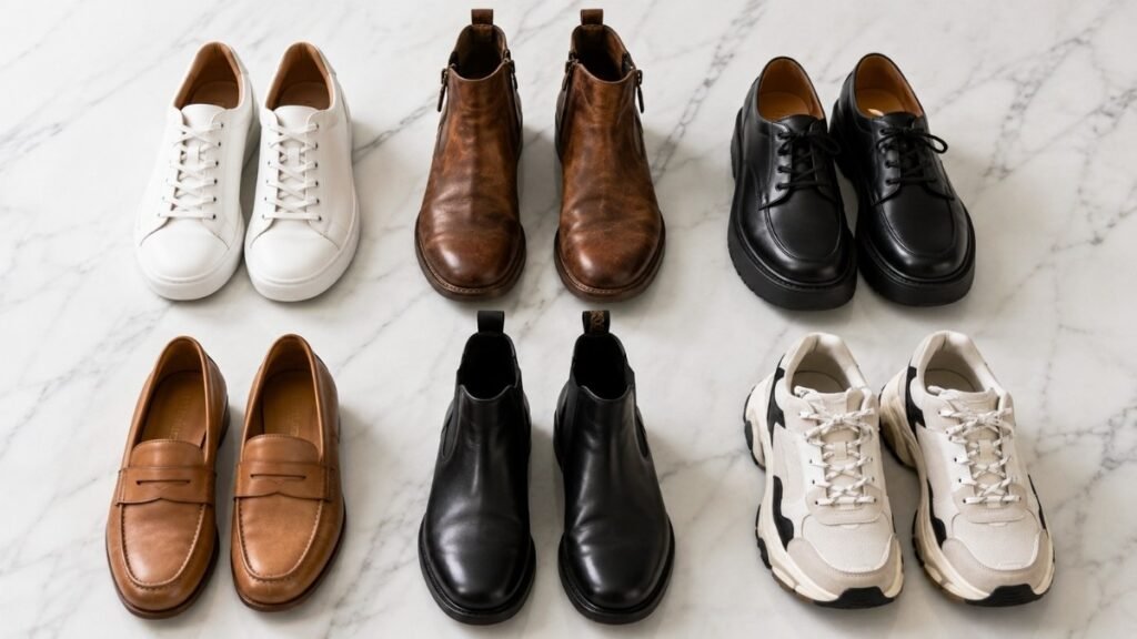 Flat lay showing the best shoes for a concert including white sneakers broken-in ankle boots platform shoes and comfortable loafers