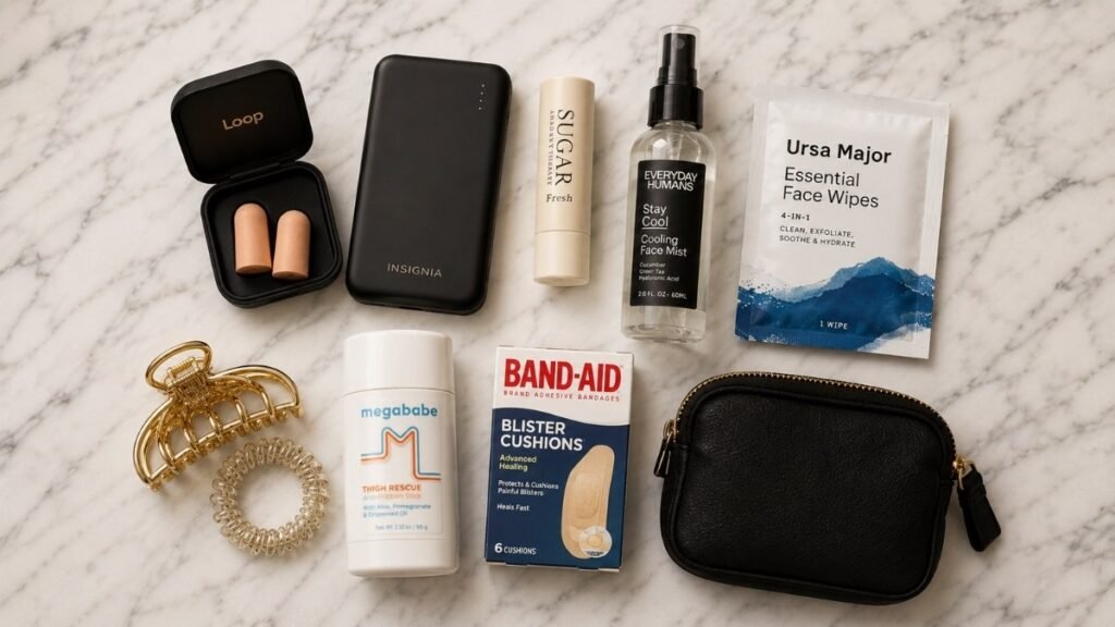 Flat lay of a concert survival kit with earplugs portable charger lip balm cooling spray deodorant wipes hair tie and anti-chafing stick