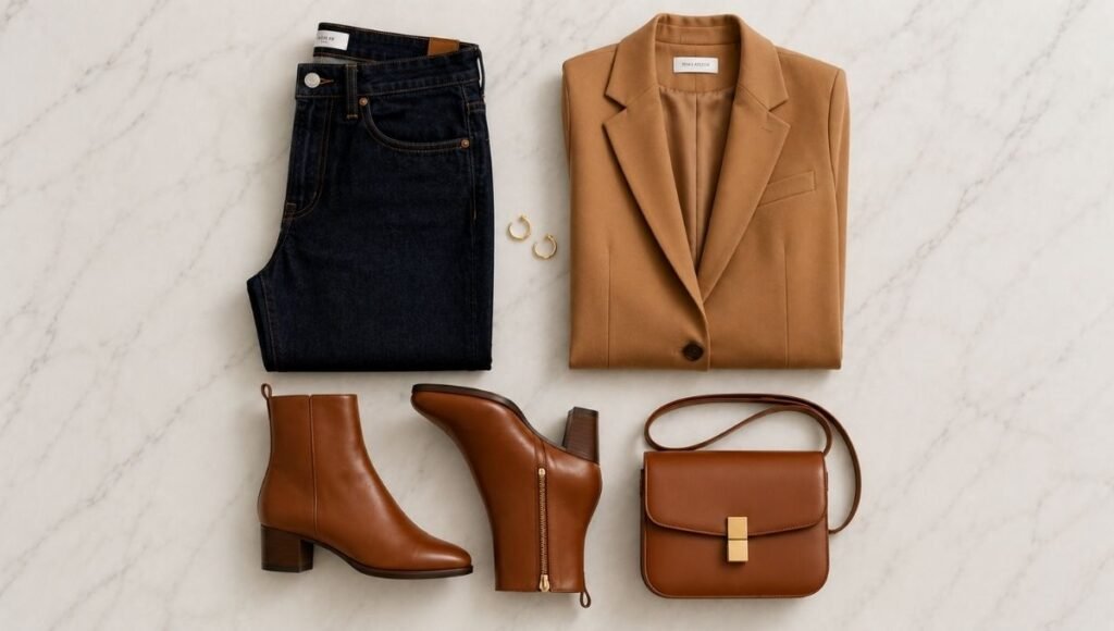 Flat lay showing high cost-per-wear investment wardrobe pieces including quality jeans blazer and leather shoes worth spending more on