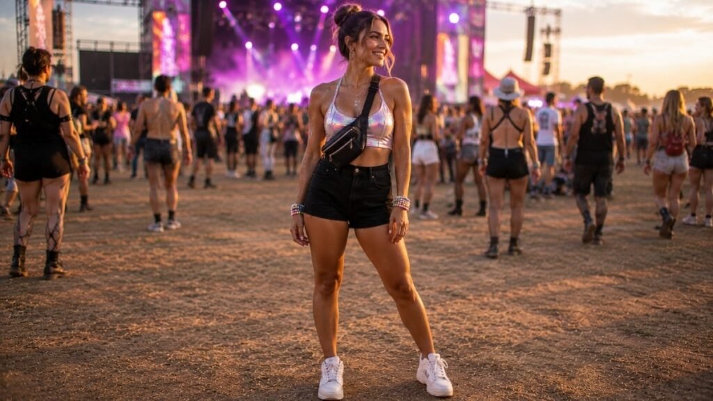 Woman in an EDM festival concert outfit wearing breathable shorts a colorful top a fanny pack and comfortable sneakers